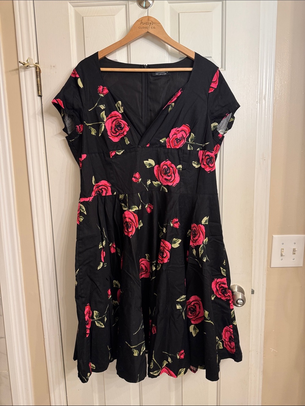 Black Dress with Pink Rose Print — Feminine V-Neck Fit & Flare